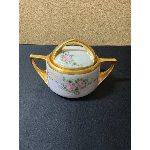 Antique Hand-Painted Porcelain Sugar Bowl With Lid - Floral Design & Gold Accent - Picture 3 of 9
